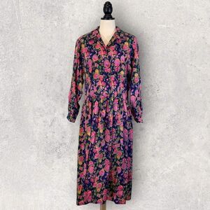 Vintage Brass Plum Midi Dress Purple Pink Blue Floral Print Long Sleeve, Size S